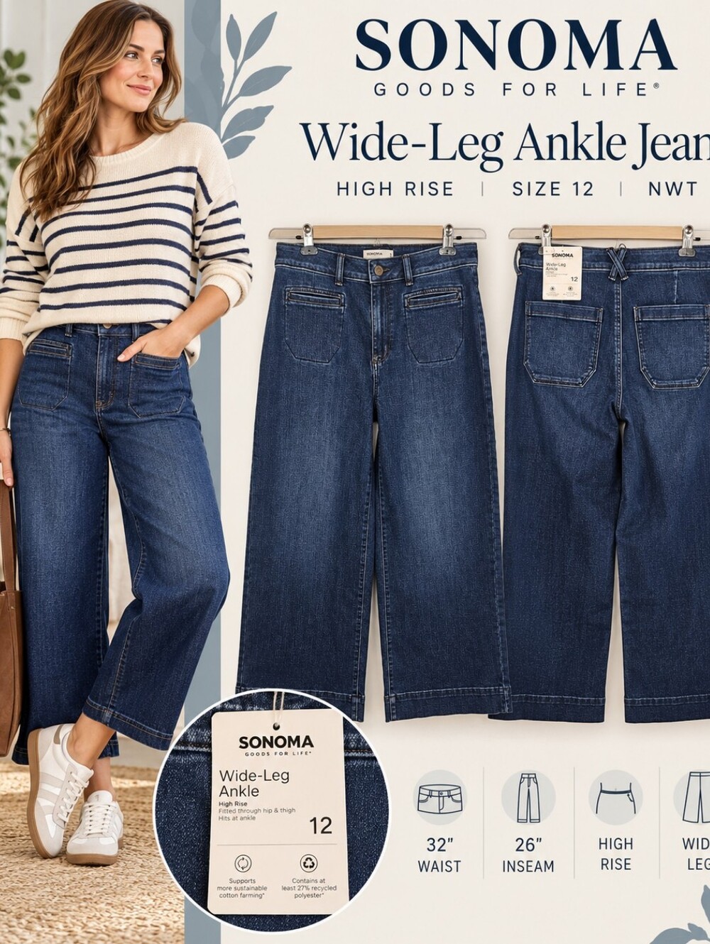 NWT Sonoma Goods for Life Wide-Leg Hi-Rise Ankle Jeans – Size 12